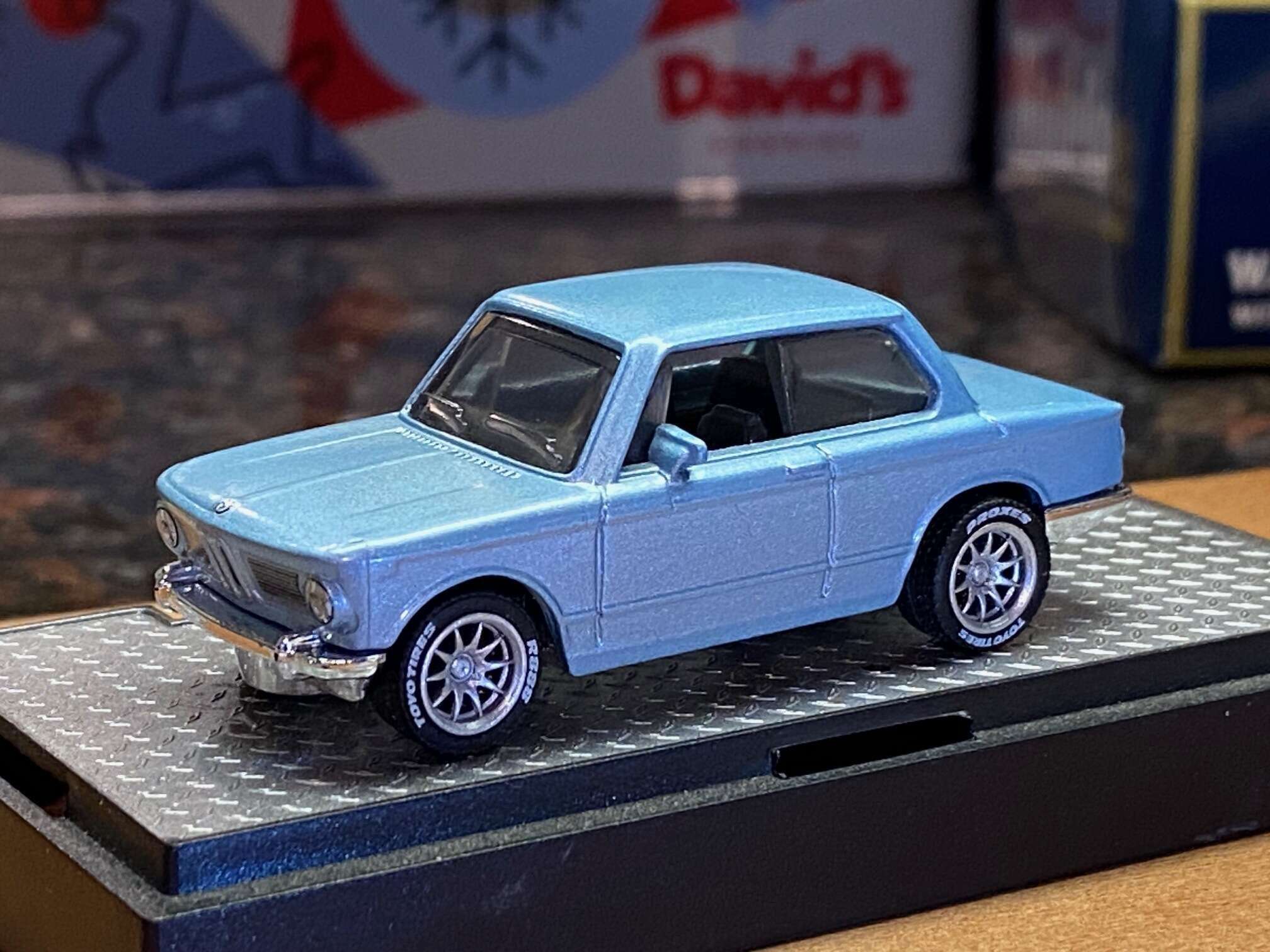 MB 1969 BMW 2002 in powder light blue on real riders The Toy Peddler