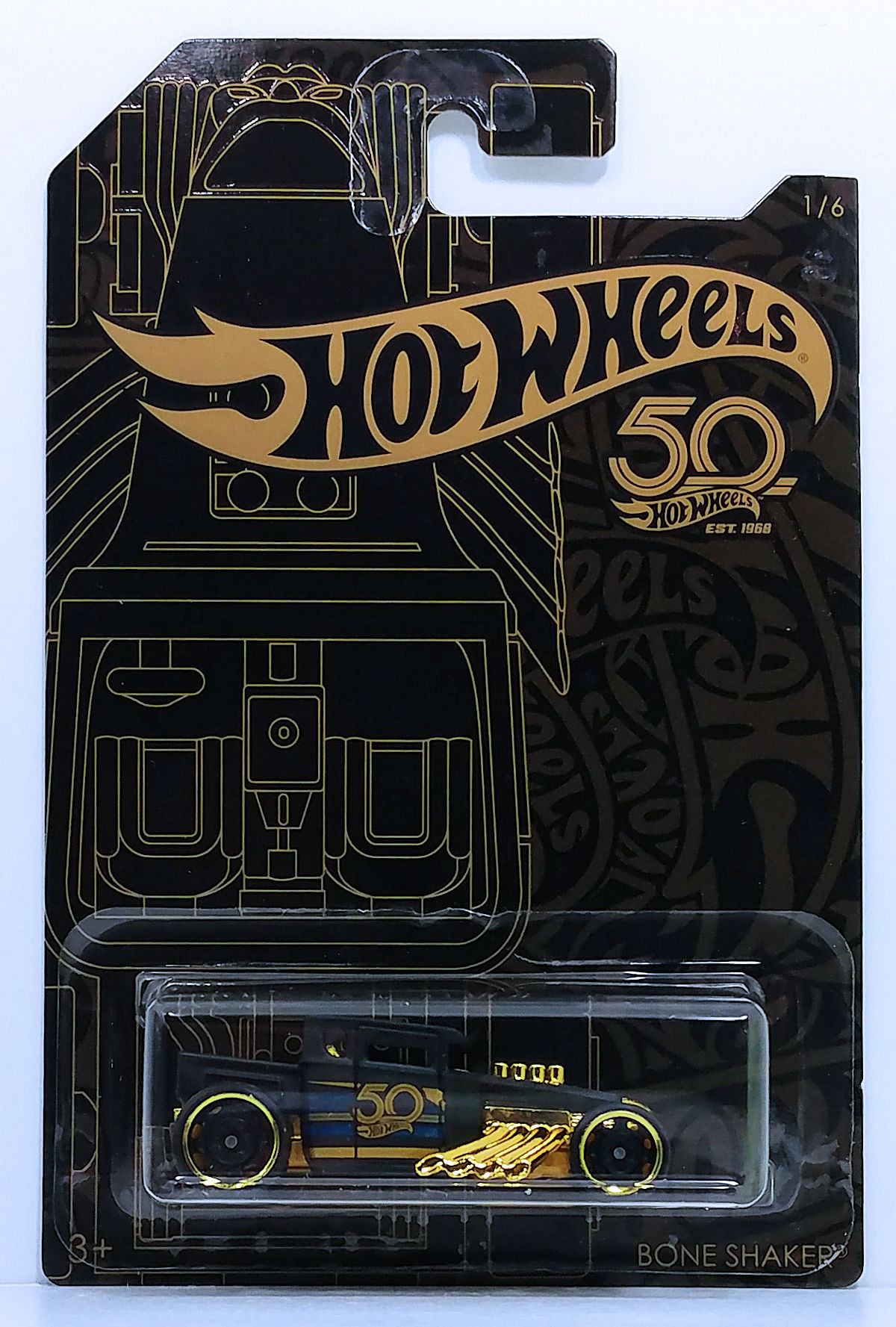 Error Print 2018 Hot Wheels 50th Anniversary Black and Gold #1/6 Bone Shaker 